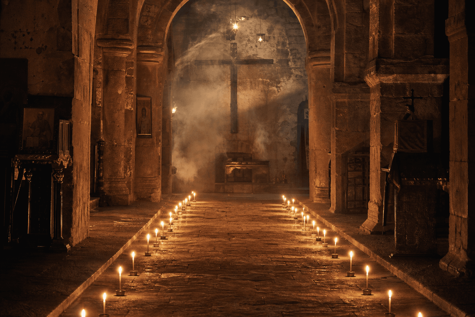 Kilise içinde mum yolu ve manevi ritüel ortamı